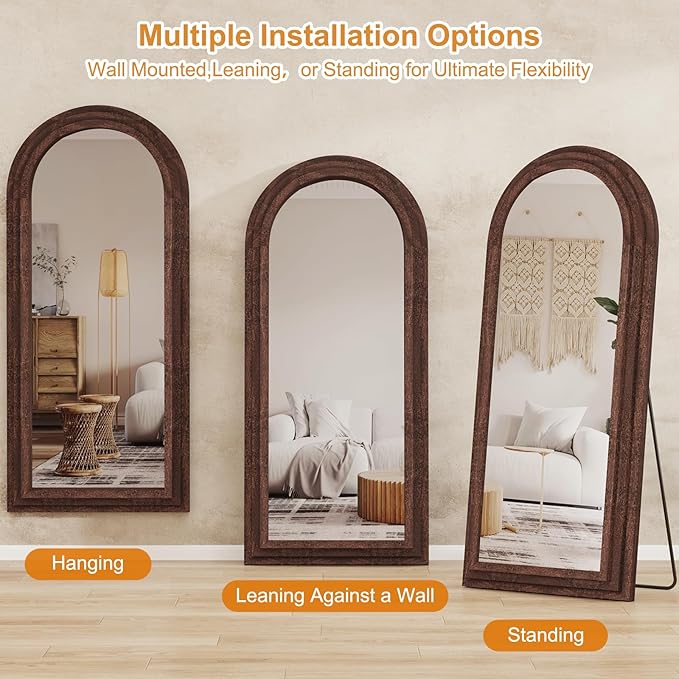ZHUNFA External Three-Layer Arched Full Length Mirror with Solid Wood Frame,65x22 Modern Farmhouse Decor Standing Mirror Full Length,Wall Mounted,Leaning,Standing for Bedroom,Living Room,Brown.