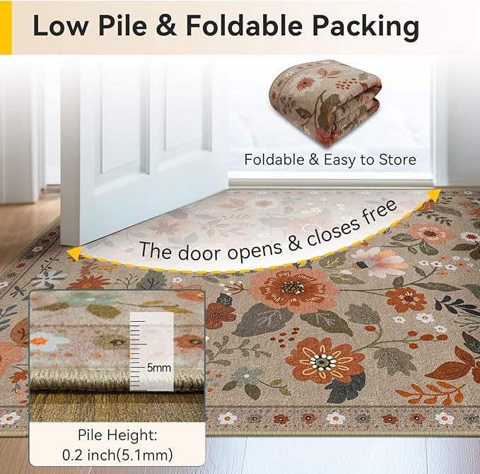 RELEANY Floral Nursery 2x3 Area Rugs Washable Print Boho Cute Carpet Non Slip Flower Low Pile for Living Room Kids Girls Playroom Bedroom Kitchen Office Farmhouse-Brown/Brick