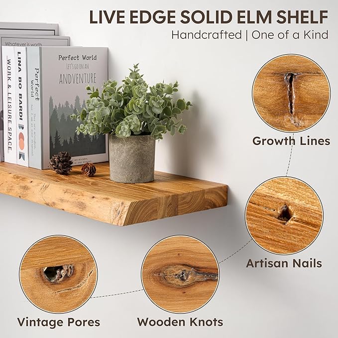 48" Rustic Elm Floating Shelves - Solid Wood Live Edge with Invisible Brackets, Wall Mounted Shelf for Living Room, Kitchen & Bathroom Decor, Natural