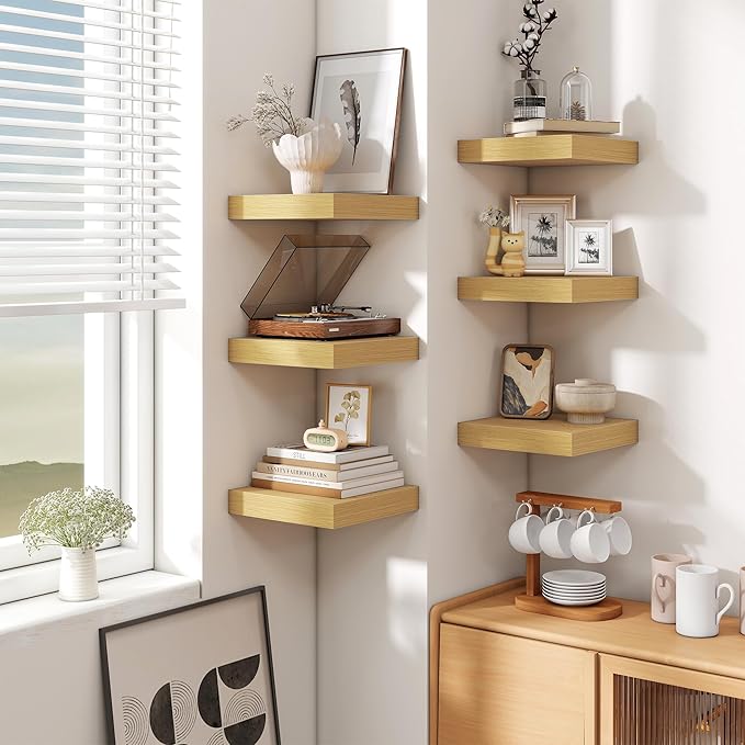 Fun Memories Floating Shelves for Wall - 10" x 10" Wood Shelf with Invisible Bracket - Deep Floating Shelves - 10 Inch Shelf Wall-Mounted for Living Room & Bathroom - Oak - Set of 2