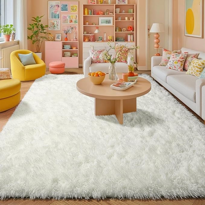 Amdrebio Ivory Area Rugs for Living Room Bedroom, 8x10 Big Large Soft Fluffy Neutral Carpet for Kids Room, Shaggy Thick Fuzzy Floor Rugs for Apartment Playroom Nursery Classroom, Furry Cream White Rug