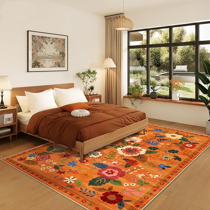 RELEANY Floral Nursery 5x7 Area Rugs Washable Print Boho Cute Carpet Non Slip Flower Low Pile for Living Room Kids Girls Playroom Bedroom Kitchen Office Farmhouse-Burnt Orange