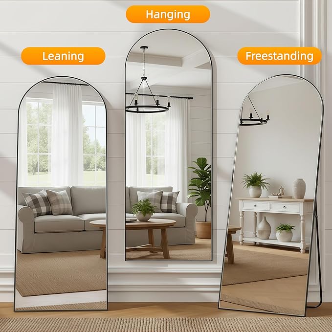 Full Length Mirror71"x30"Black Arched Floor Mirror with Stand, Aluminum Alloy Frame Tempered Glass Full Body Mirror,Wall Mountable or Leaning Against Wall for Bedroom Living Room Dressing Room