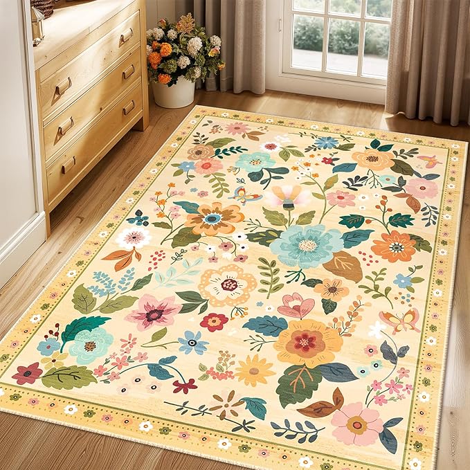 RELEANY Floral Nursery 4x6 Area Rugs Washable Print Boho Cute Carpet Non Slip Flower Low Pile for Living Room Kids Girls Playroom Bedroom Kitchen Office Farmhouse-Ivory/Yellow