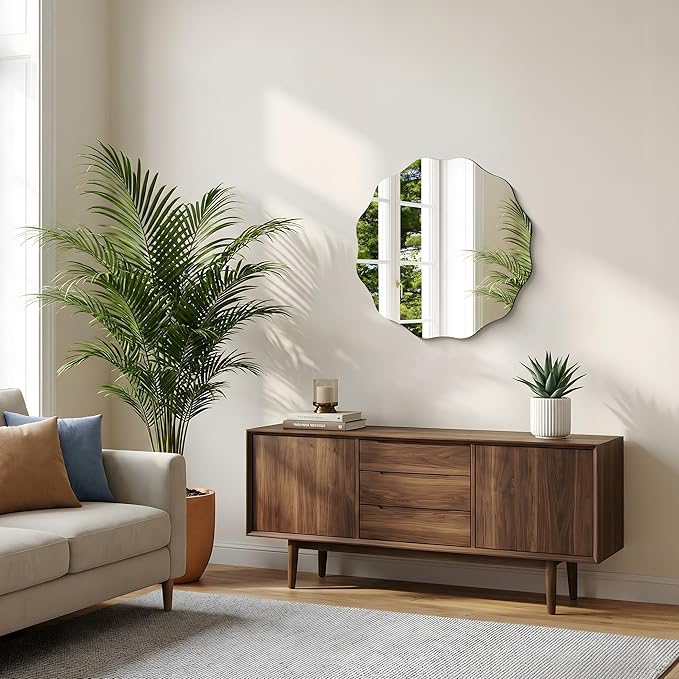 CILIBER Frameless Wavy Round Mirror, 24'' Scalloped Circle Wall Mirror, 3mm Tempered Glass Decorative Bathroom Vanity Mirror, Mounting/Leaning for Mantel, Living Room, Bedroom and Entryway