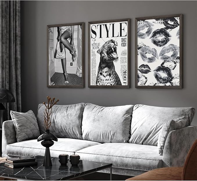 Trendy Leopard Wall Art Black and White Cheetah Canvas Wall Decor Fashion Preppy Room Poster Vintage Y2k Aesthetic Prints Funky Heels Lips Pictures Artwork for Girl Bedroom 16x24x3 Inch Wood Framed