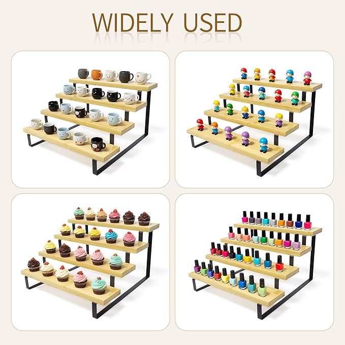 Bamboo Display Risers, 4 Tier Cologne Stand Perfume Organizer for Men, Large Cupcake Dessert Shelf for Party, Riser Stand for Decoration and Organizer, Party, Makeup, Figures, Cupcake