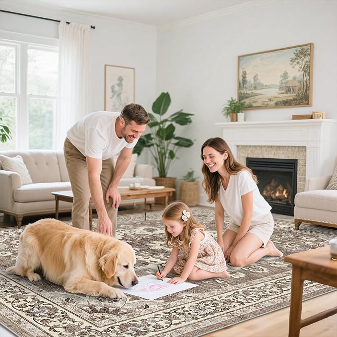 Dining Room Rugs for Under Table - Washable 6x8 Area Rug for Living Room Bedroom Soft Low Pile Non Slip Stain Resistant Carpet - Perfect for Homes with Pets & Kids (Beige, 6x8)