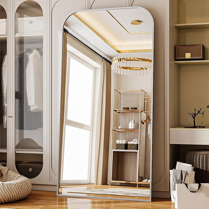 Full Length Mirror 76"x34" Arched Floor Standing Large Mirrors Full Body Mirror with Stand - with Aluminum Frame for Bedroom Living Room, Silver