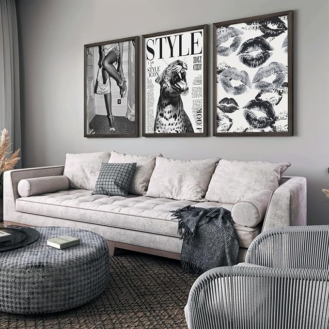 Trendy Leopard Wall Art Black and White Cheetah Canvas Wall Decor Fashion Preppy Room Poster Vintage Y2k Aesthetic Prints Funky Heels Lips Pictures Artwork for Girl Bedroom 16x24x3 Inch Wood Framed