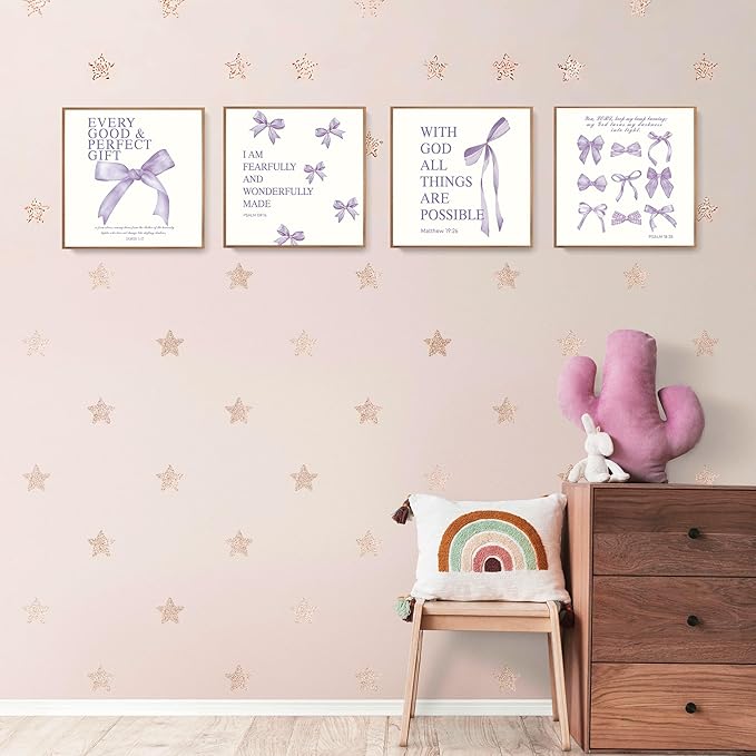 LARTSFRO Coquette Purple Bow Wall Art Decor Posters, Purple Bow Room Bedroom Bathroom Dorm Wall Art Decor Aesthetic for Teen Girls Gifts, Inspirational Bible Verses Bow Wall Decor, 10x10 Inch Set of 4 Pcs Bow Pictures (UNFRAMED)