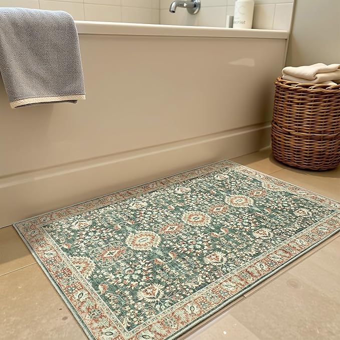 Goideal Washable Rug 2x3, Vintage Area Rugs Non Slip, Indoor Low Pile Carpet with Rubber Backing for Kitchen Bathroom Entryway Office Bedroom,Green & Orange