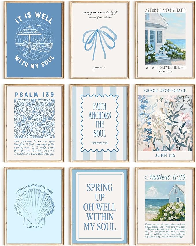 Christian Bible Verse Wall Art Blue Coastal Granddaughter Canvas Wall Decor Preppy Aesthetic Scripture Posters Religious Beach Pictures Floral Bow Prints for Living Room Bedroom 8x10x9 Inch Unframed