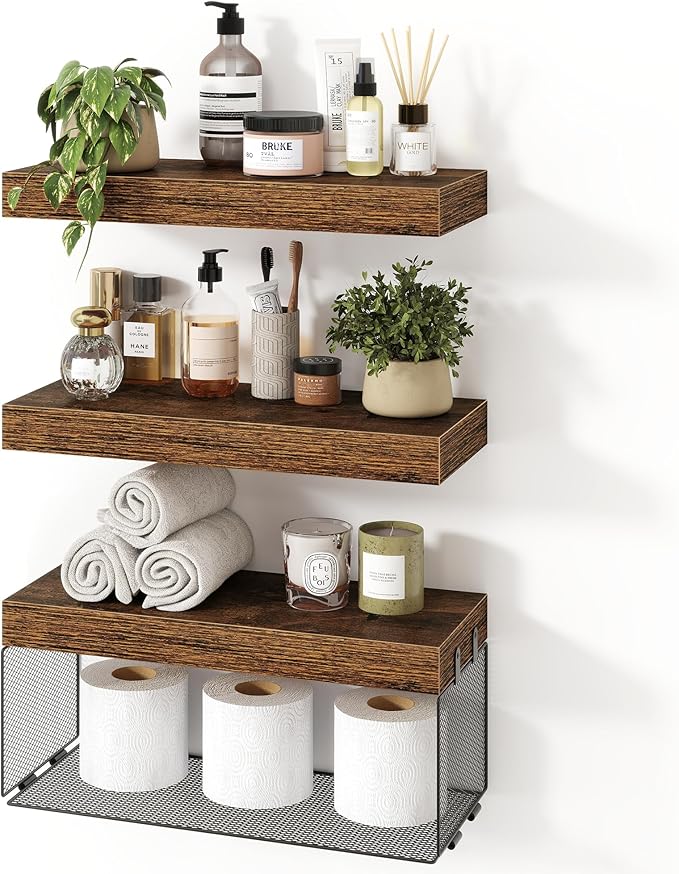 Acovy Bathroom Floating Shelves for Wall,16 inch Wall Mounted Floating Shelf Toilet Organizer and Storage,Small Farmhouse Decor Shelf,Rustic Brown,Set of 3