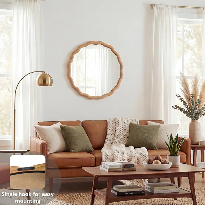 PERFNIQUE Scalloped Round Mirror 24", Wood Framed Nursery Wall Mirror with Tempered Glass, Decorative Wavy Edge Circle Mirror for Bedroom, Entryway or Living Room