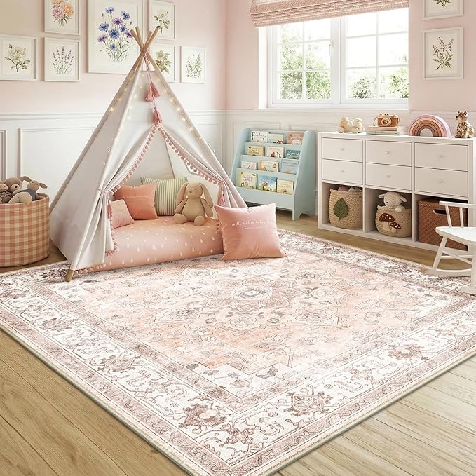 CAPALOCA Machine Washable Rugs Nursery Rug Sq6ft Cute Girl Non Slip Low Pile Water Repellent Soft Print Pattern for Bedroom Indoor Decor Kids Playroom Pink