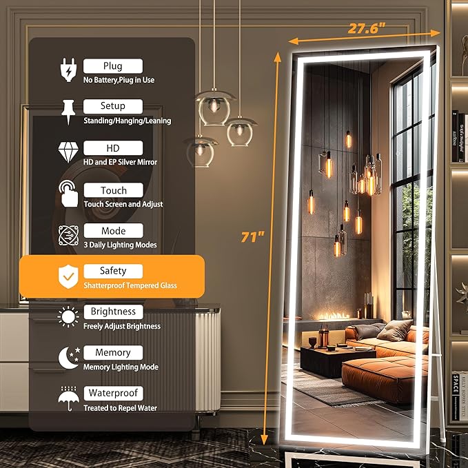 Hasipu Full Length Mirror with Lights, 71" x 27.6" LED Lighted Floor Standing, Full Body Dressing Hanging Mounted Mirror, Tempered Glass, Square White