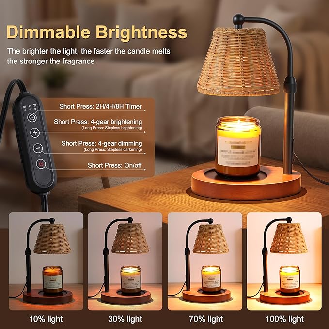 Candle Warmer Lamp with Timer Dimmer, Natural Weaving Boho Candle Lamp Birthday Gifts for Women, Mom, House Warming Gifts Wax Melt Warmer for Jar Candles with 2 Bulbs, Espresso