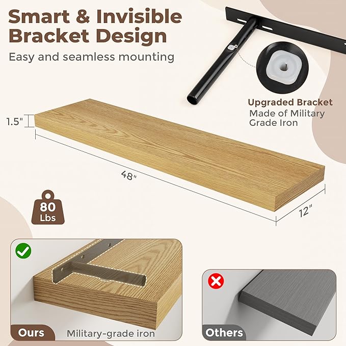 Fun Memories 12 Inch Deep Floating Shelves, 48 x 12 Floating Shelves for Wall Set of 2, Extra Deeper Hanging Wood Wall Shelves for Bedroom, Living Room, Kitchen, Oak