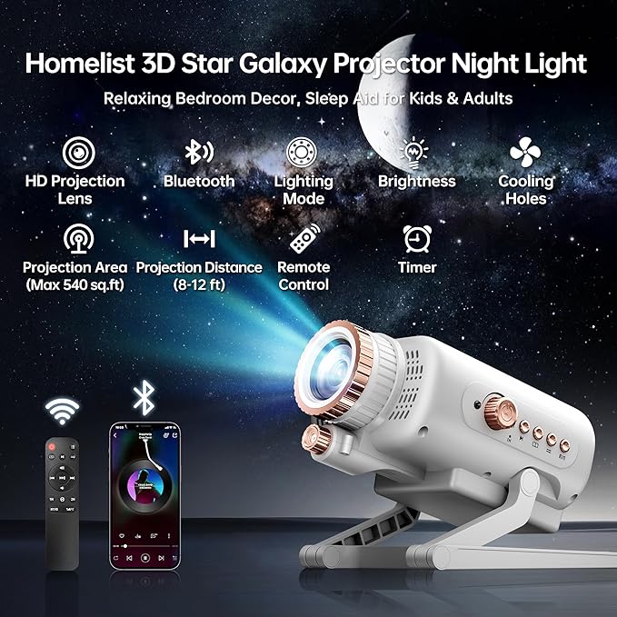 Homelist Sleep Aid Night Light for Kids & Adults with White Noise & Bluetooth Speaker, 60 Scenes Galaxy Star Projector Light Gifts for Bedroom Relaxation, Party, Birthday, White