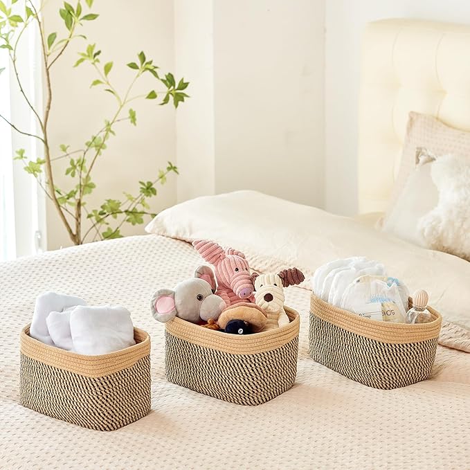 R RUNKA Small Cotton Rope Basket – Storage Bin for Organizing (10.6" x 6.7" x 6.7"), Bathroom Storage Basket for Shelf, Counter & Closet（Camel & Mixed Black）