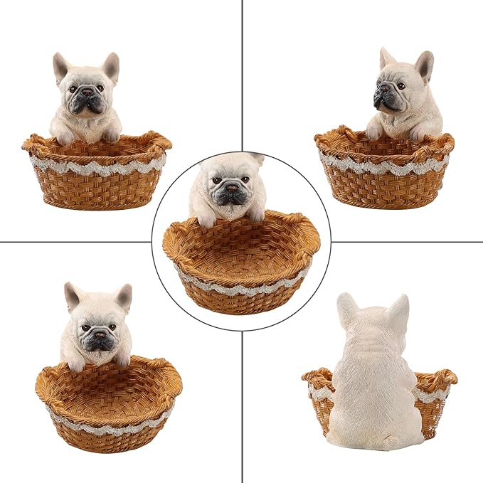 Dog Resin Storage Basket, Desktop Organizer for Remote & Keys, Cute Home Decor Tray, Ideal present for Pet Lovers.(French Bulldog White)