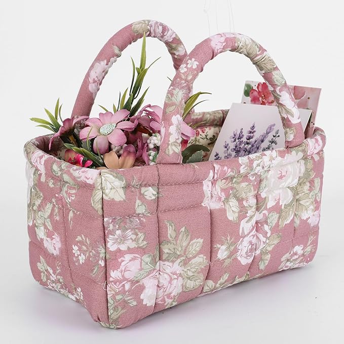 Small Storage Basket Organizer, Mini Quilted Fabric Basket with Handle, Collapsible Storage Bin for Socks, Keys, Diapers