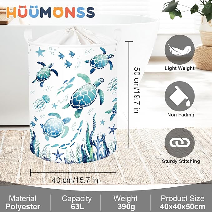 Sea Animals Laundry Hamper Ocean Fish Coral Large Storage Basket Parents Organizer Kids Clothes Toy Bins for Bedroom, Bathroom, Blue Turtles, 63L