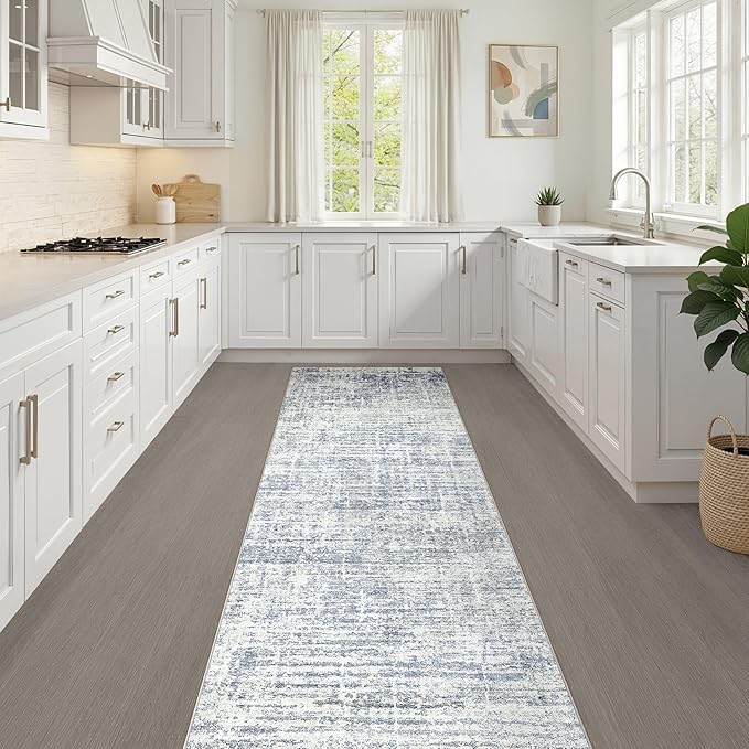 Runner Rug Non-Slip Kitchen Rug: 3x8 Washable Abstract Modern Soft Stain Resistant Indoor Floor Neutral Accent Throw Carpet for Hallway Bathroom Laundry Room Bedroom Entryway- Blue