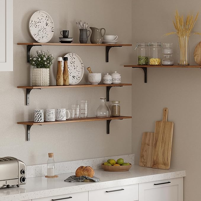 DINZI LVJ Long Wall Shelves, 55.1Inch Wall Mounted Shelves Set of 2, Extra Large Floating Storage Ledges with Sturdy Metal Brackets for Living Room, Bathroom, Bedroom, Kitchen, Rustic Brown