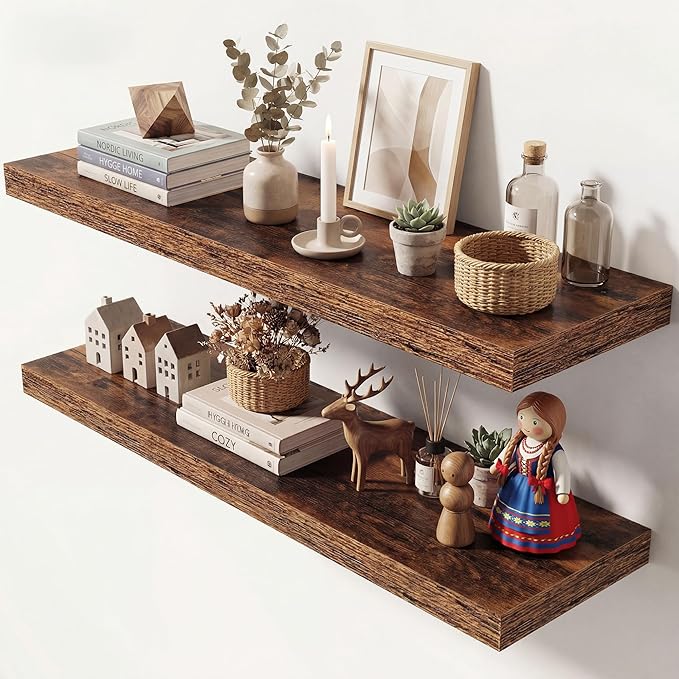Dreamland 40 Inches Floating Shelves for Wall, 9.3" Deep Long Floating Shelves Set of 2, Large Display & Storage Shelf, Wall Shelf for Bathroom Bedroom Living Room Kitchen Office, Rustic Brown