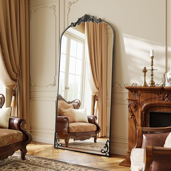 GLSLAND 32"x71" Vintage Full Length Mirror,Large Carved Arched Full Body Mirror with Metal Frame for Bedroom/Living Room/Entryway,Black