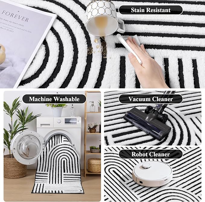 SHACOS Soft Cozy Fluffy Arch Pattern High Low Pile Rugs 4'x6' Non Slip Washable Scandinavian Minimalist Rug Modern Geometric Arc Carpet for Living Room Bedroom Dining Room, Black White