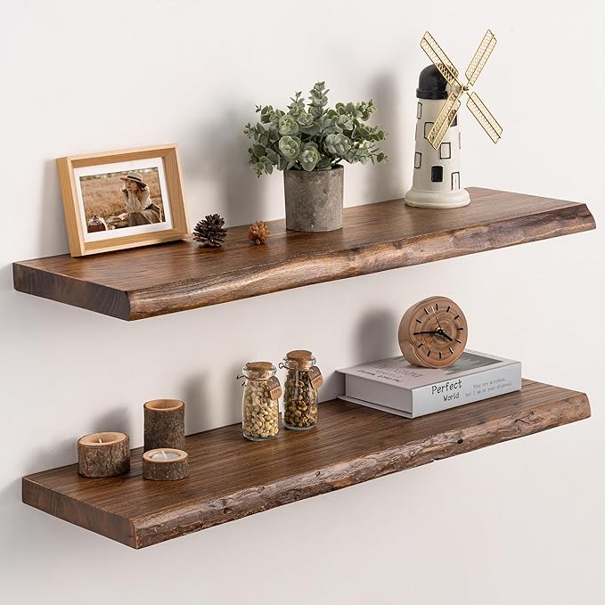 Live Edge Floating Shelves Set of 2, 32 Inch Solid Elm Wood Wall Shelves - Invisible Bracket Mount for Living Room, Bedroom, Kitchen, Bathroom | Vintage Rustic Decor