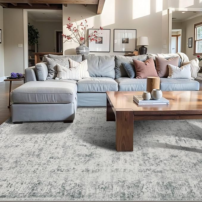 Rugxara 5x7 Area Rugs for Living Room Bedroom, Grey Washable Rug, Vintage Abstract Boho Rug, Non Slip & Low Pile Faux Wool Carpet for Indoor Dining Room and Farmhouse(Grey 5x7ft)