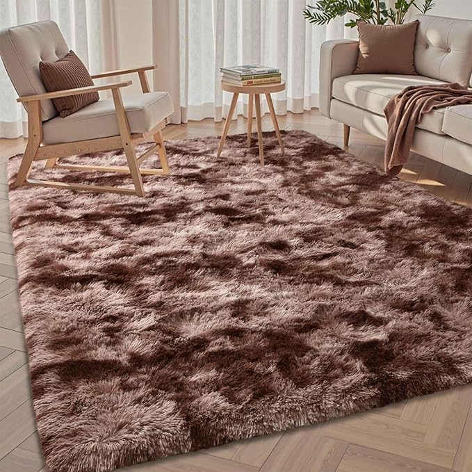 Brown Rugs for Bedroom 4x6 Fluffy Fur Living Room Area Rug, Rustic Plush Non-Slip Dark Carpet for Book Room Office,Coffee Stain Resistant
