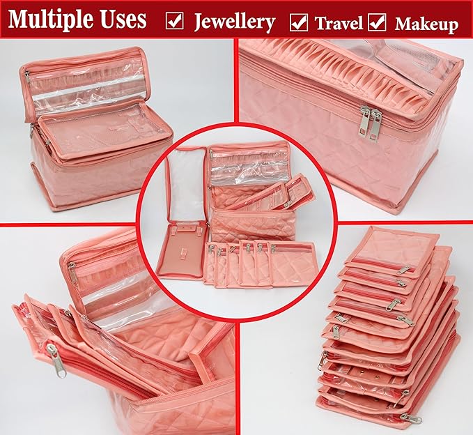 atorakushon Satin Transparent Makeup Pouches Case Cosmetic Necklace Earrings Jewellery Box Travel Organizer For Women Peach with 10 Pouch