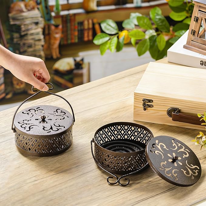 Lallisa 2 Pieces Incense Coil Holder Mosquito Coil Holder Retro Portable Round Metal Hanging Incense Burner Holders with Handle for Home Indoor Outdoor Camping Patio (Bronze Color)