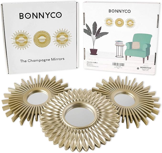 BONNYCO Gold Mirrors for Wall Pack of 3, Round Wall Mirrors Bedroom Room and Home Decor. Espejos Decorativos de Pared Sala Dormitorio, Modern Minimalist Decor Vintage, Chic. Gifts for Women Mums