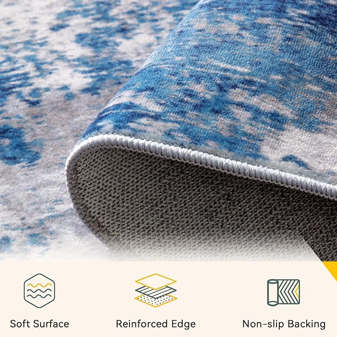 RELEANY Washable Area Rugs 3x9 Non-Slip Modern Abstract Soft for Living Room Entryway Bedroom Nursery, Print Pattern, Blue Grey Navy Gray