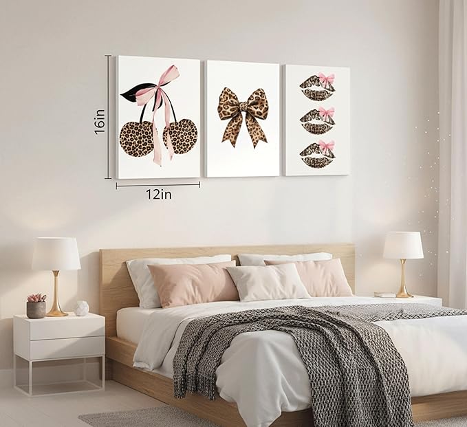 3Pcs Trendy Leopard Print Canvas Wall Art,Fashion Bow Cherry Lips Y2k Poster Pictures,Stylish Preppy Aesthetics Girls' Rooms Wall Decor for Bedroom Dorm Apartment.12x16in Framed