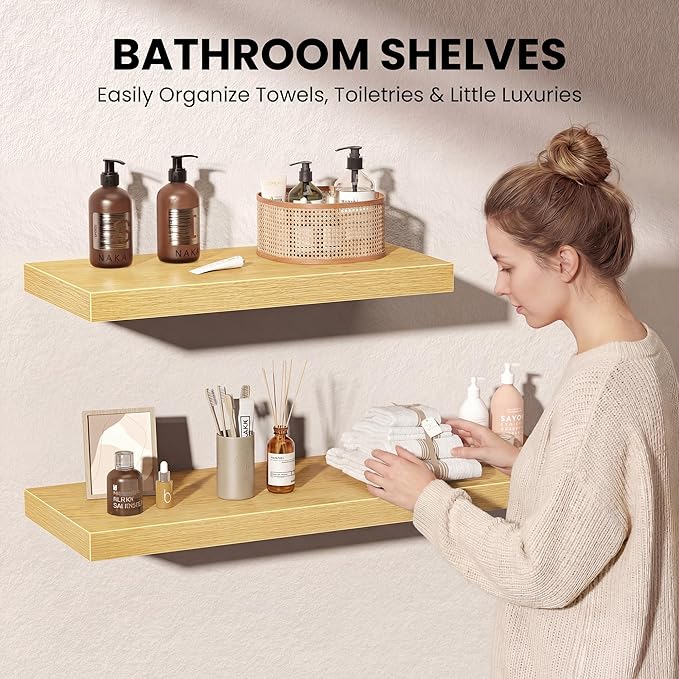 Fun Memories 66 Inch Floating Shelves, 12 Inch Deep Wall Shelf for Fireplace Mantel, Oak Deep Storage Shelves for Home & Office, Long Floating Shelf with Invisible Bracket, Set of 2