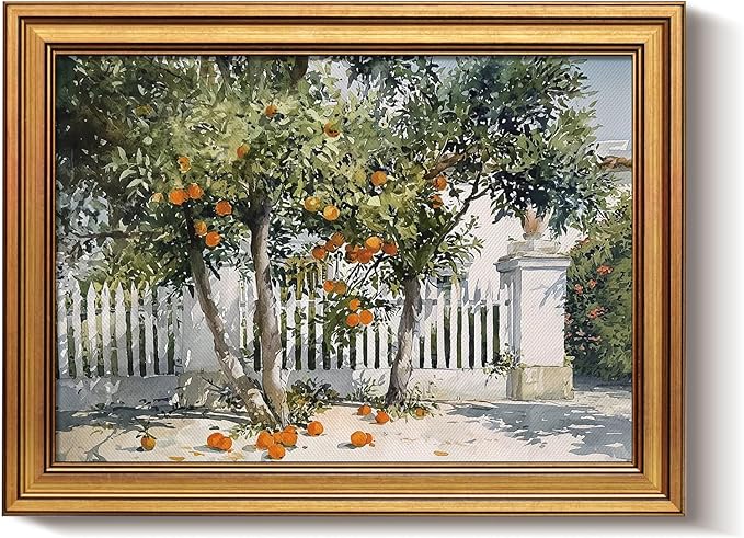 Bzstyleart Vintage Wall Art Decor for Living Room, Gold Framed Canvas Wall Art Home Decor Aesthetic, Orange Courtyard Prints, Canvas Picture Print Artwork, 12 x 16 Inch