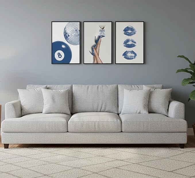 3Pcs BlueTrendy Aesthetic Canvas Wall Art,Fashion High-Heeled Shoe Print Posters,Lucky 8 Ball Lip Pictures,Y2K Stylish Wall Decor for Girls' Bedroom Dorm Apartment. 12x16in Framed