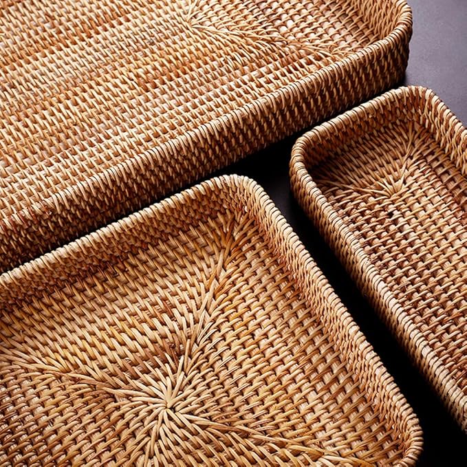 i-lan Set of 3 15" Rattan Woven Serving Tray Basket,Original Color Wicker Coffee Table Décor Serving Tray Country Style, Handmade Display Basket for Entryway Kitchen Bathroom Counter