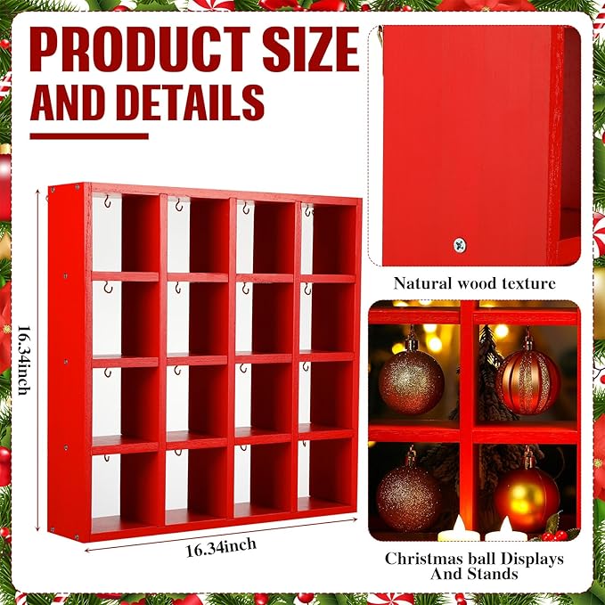 Cinnvoice Christmas Holiday Ornament Displays Rack Wooden Hanging Stand Holder Hanger for Christmas Ball Display Shelf Cabinet for Craft DIY Wall Decorations Gift(Red,16 Compartment)