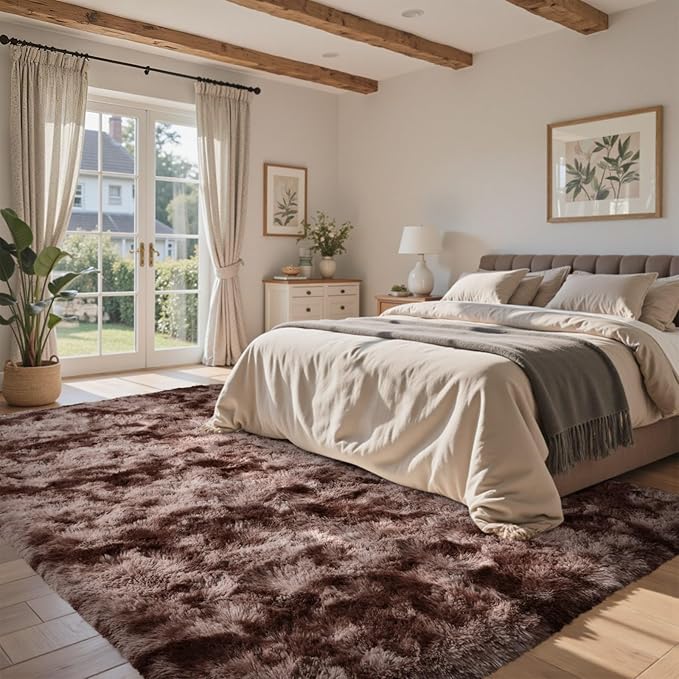 5x7 Brown Rugs for Living Room Fluffy Fur Bedroom Area Rug,Rustic Plush Non-Slip Dark Carpet for Book Room Office,Coffee Stain Resistant
