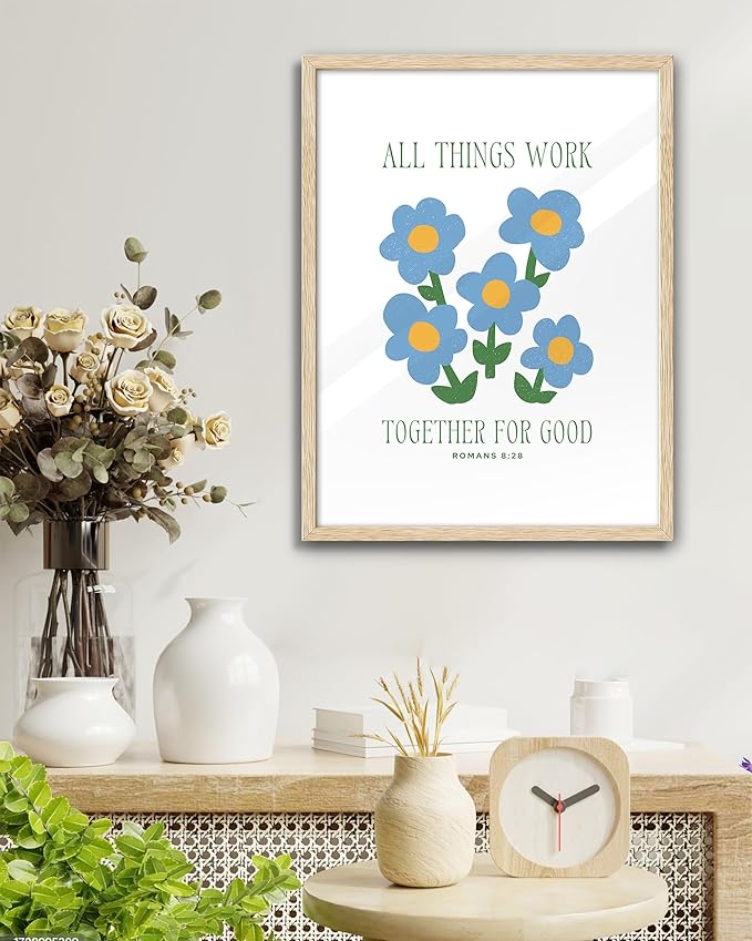 EcoHest Large 16x20in OAK Wood Framed Wall Art, Romans 8:28 All Things Work Bible Verse Christian Canvas Wall Decor, Blue Modern God Wall Prints for Bedroom Living Bathroom Religious Gift 1 Pack