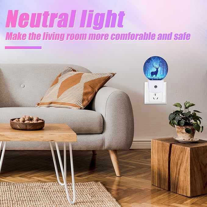 Deer Pine Tree Night Light Foggy Forest Night Lights LED Lamp Round Plug into Wall Nightlight with Dusk to Dawn Sensor Home Hallway Stairway Kitchen Decor