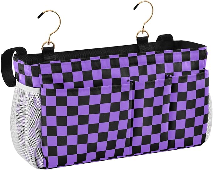 Checkerboard Black Purple Plaid Print Bedside Caddy Storage Bag Bedside Organizer for Bunk Bed Headboards College Organizer Caddy Hanging Shelf 6 Pockets with Hooks for Drinks Magazine Phone Holder
